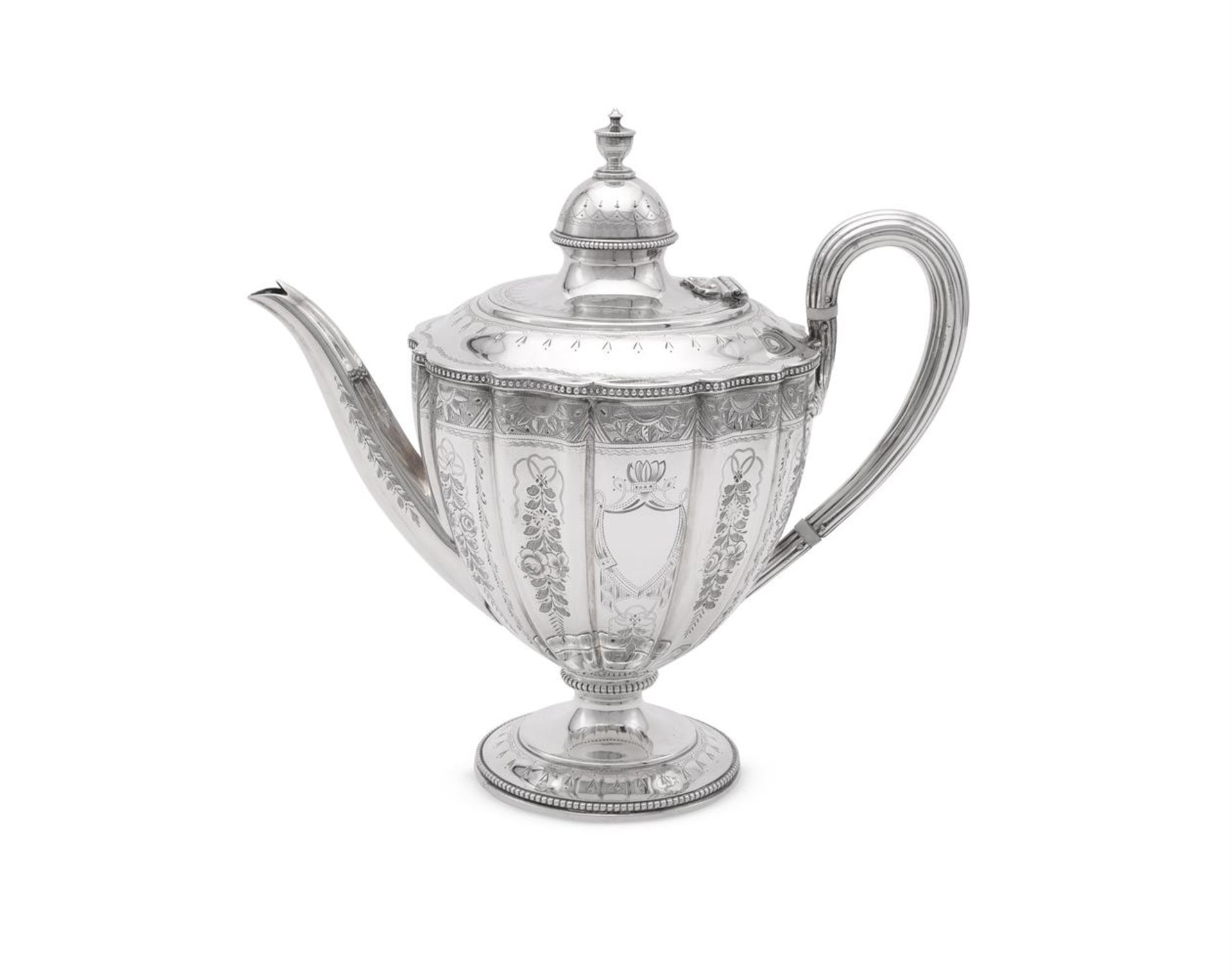 A VICTORIAN SILVER LOBED CIRCULAR PEDESTAL TEA POT