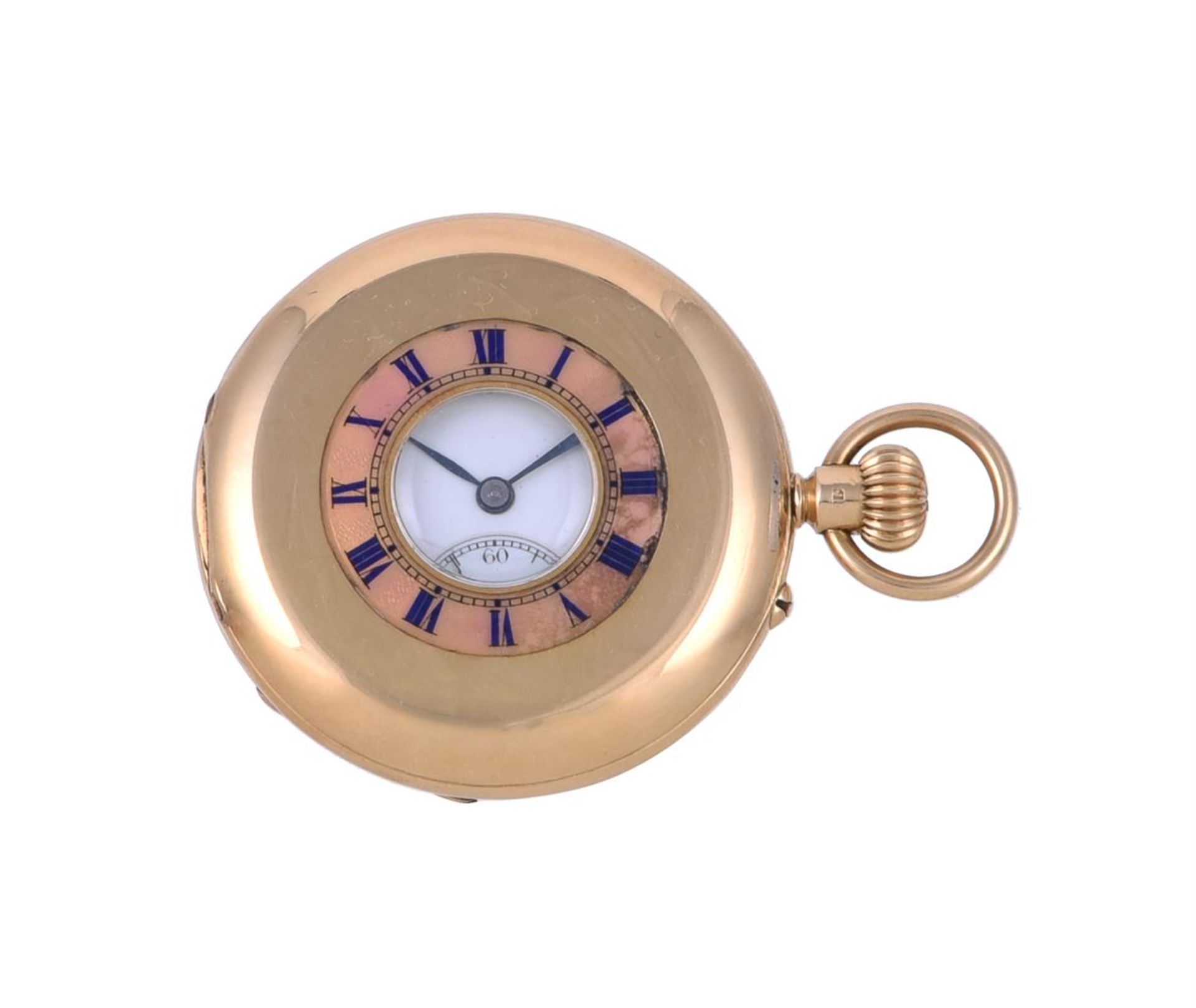 MAPPIN & WEBB, AN 18 CARAT GOLD AND ENAMEL KEYLESS WIND HALF HUNTER POCKET WATCH