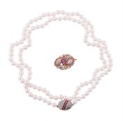 A CULTURED PEARL NECKLACE WITH DIAMOND AND RUBY CLASP AND SLIDER