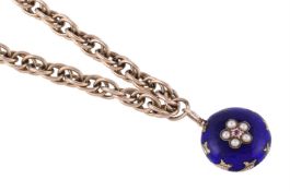 A VICTORIAN ENAMELLED HALF PEARL LOCKET ON A LATE 20TH CENTURY GOLD CHAIN