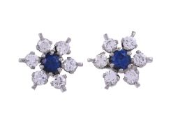 A PAIR OF SAPPHIRE AND DIAMOND CLUSTER EAR STUDS