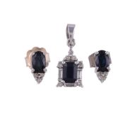 A SAPPHIRE AND DIAMOND PENDANT AND A PAIR OF SAPPHIRE AND DIAMOND EAR STUDS