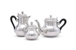 A FRENCH ELECTRO-PLATED THREE PIECE BALUSTER TEA SET