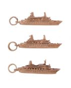 THREE MID 1970S 9 CARAT GOLD CRUISE LINER CHARMS, THE LOVE BOAT INTEREST