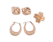 TWO PAIRS OF GOLD COLOURED EARRINGS AND A SINGLE EARRING