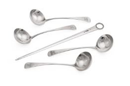 A SET OF FOUR GEORGE III SILVER OLD ENGLISH PATTERN SAUCE LADLES, THOMAS DANIEL