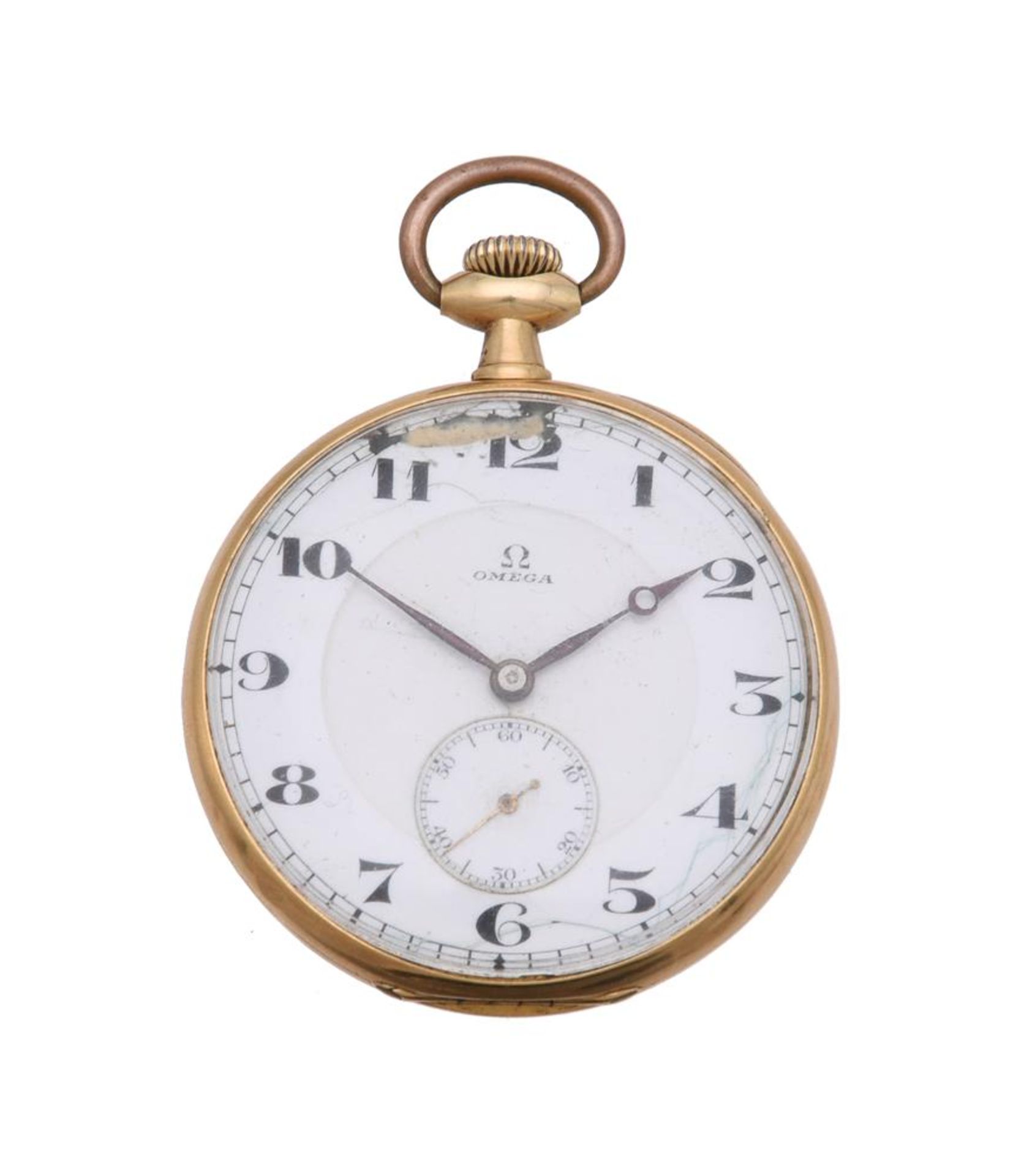 OMEGA, A GOLD COLOURED KEYLESS WIND OPEN FACE POCKET WATCH