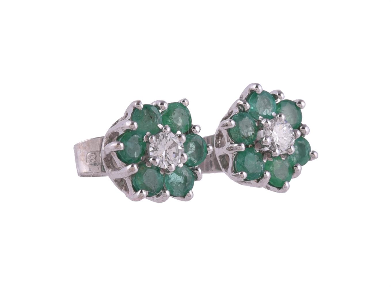 A PAIR OF EMERALD AND DIAMOND CLUSTER EAR STUDS - Image 2 of 2