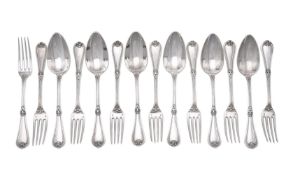 A FRENCH SET OF SIX TABLE SPOONS AND EIGHT TABLE FORKS
