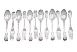 A SET OF SIX WILLIAM IV SILVER FIDDLE, SHELL AND THREAD PATTERN DESSERT SPOONS