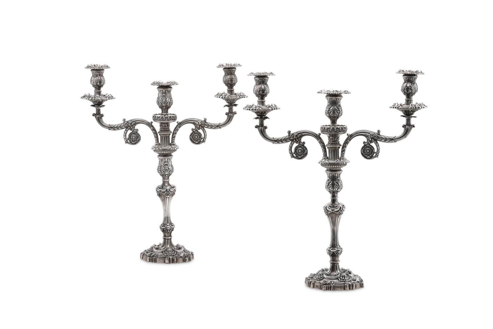 A PAIR OF GEORGE IV SILVER THREE LIGHT CANDELABRA, S. C. YOUNGE & CO.