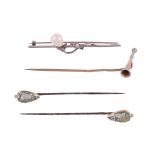 A SMALL COLLECTION OF STICK PINS AND A BAR BROOCH