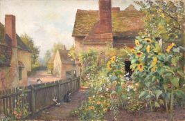 WALTER FOLLEN BISHOP (BRITISH 1856-1936), CATS IN A COTTAGE GARDEN