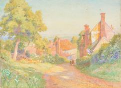 WALTER FOLLEN BISHOP (BRITISH 1856-1936), COUNTRY LANE LINED WITH COTTAGES