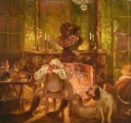 GASTON LA TOUCHE (FRENCH 1854-1913), PIERROT ASLEEP IN A FIRE LIT INTERIOR