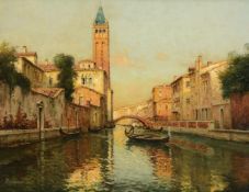 λ ANTOINE BOUVARD (FRENCH 1870-1956), VENETIAN CANAL WITH A GONDOLA BY A BRIDGE