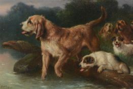 WALTER HUNT (BRITISH 1861-1941), OTTERHOUNDS AND TERRIERS BY A STREAM