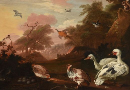 MARMADUKE CRADDOCK (BRITISH 1660-1717), MUSCOVY DUCKS, PARTRIDGES AND A PHEASANT IN A LANDSCAPE