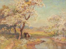 WALTER FOLLEN BISHOP (BRITISH 1856-1936), LANDSCAPE WITH BLOSSOMING TREES AND CATTLE BY A STREAM