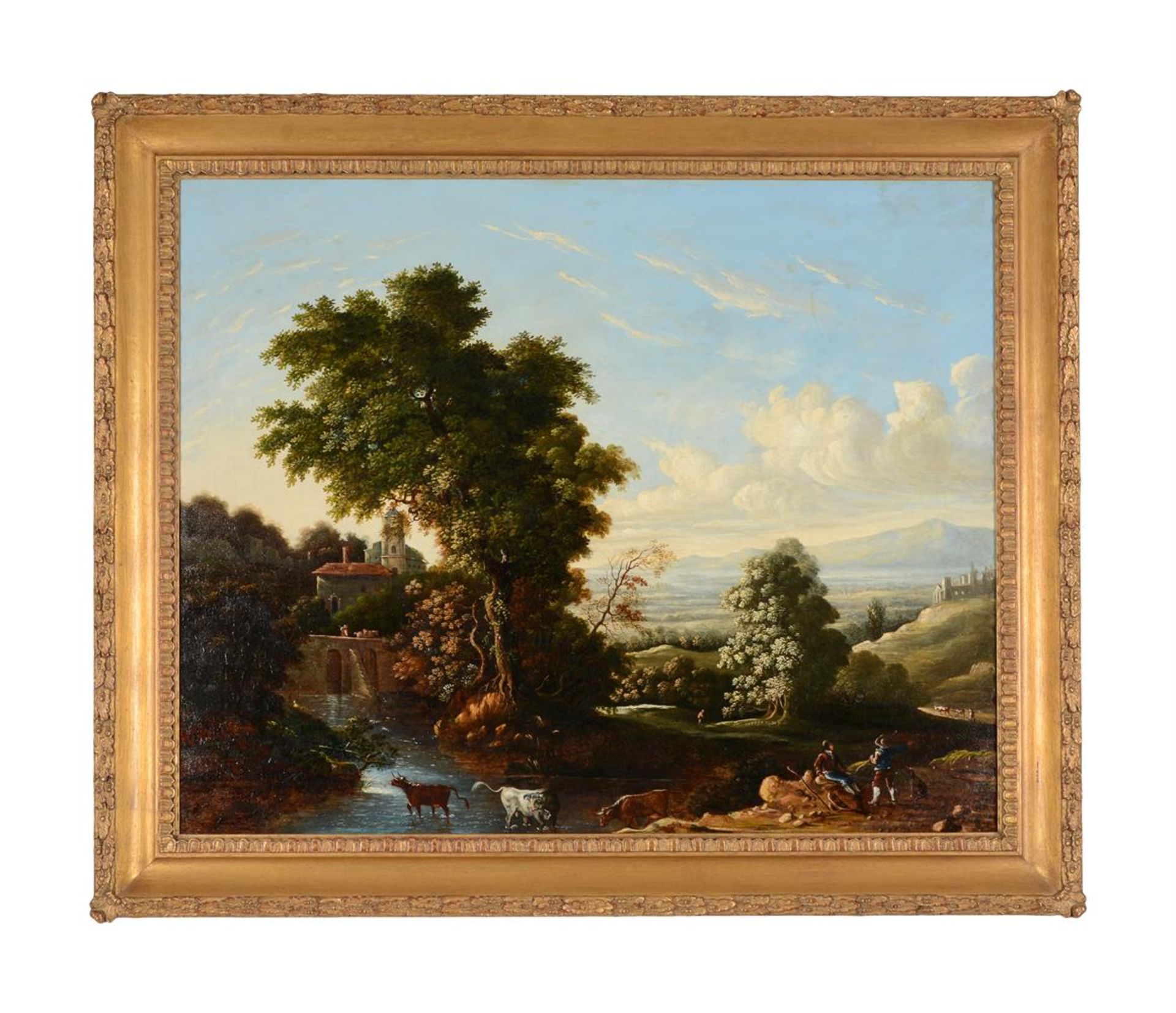 MANNER OF CLAUDE LORRAIN, A CLASSICAL LANDSCAPE WITH DROVERS AND THEIR CATTLE BY A STREAM - Image 2 of 3