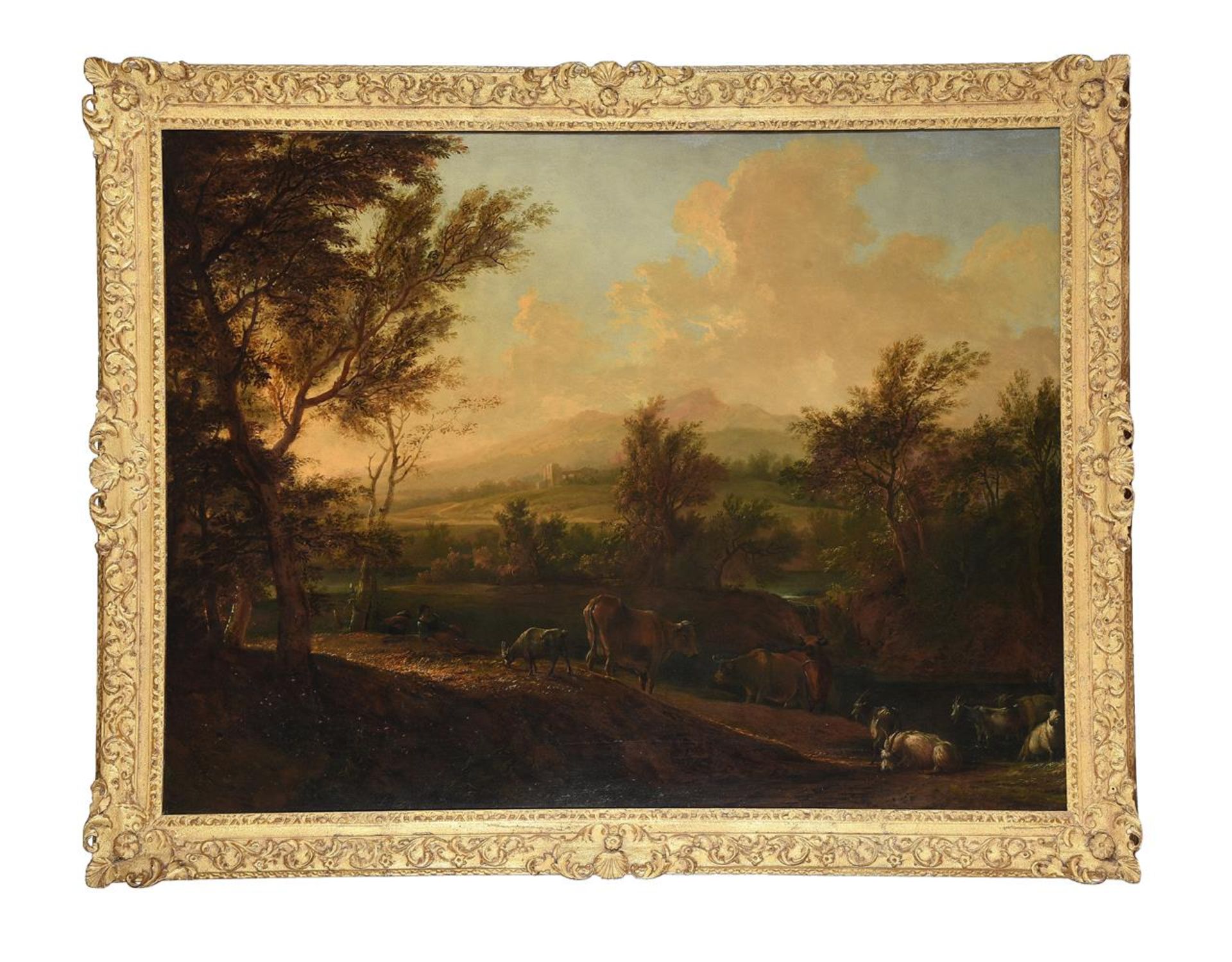 CIRCLE OF THOMAS GAINSBOROUGH (BRITISH 1727-1788), LANDSCAPE WITH CATTLE AND DROVERS AT DUSK - Image 2 of 4