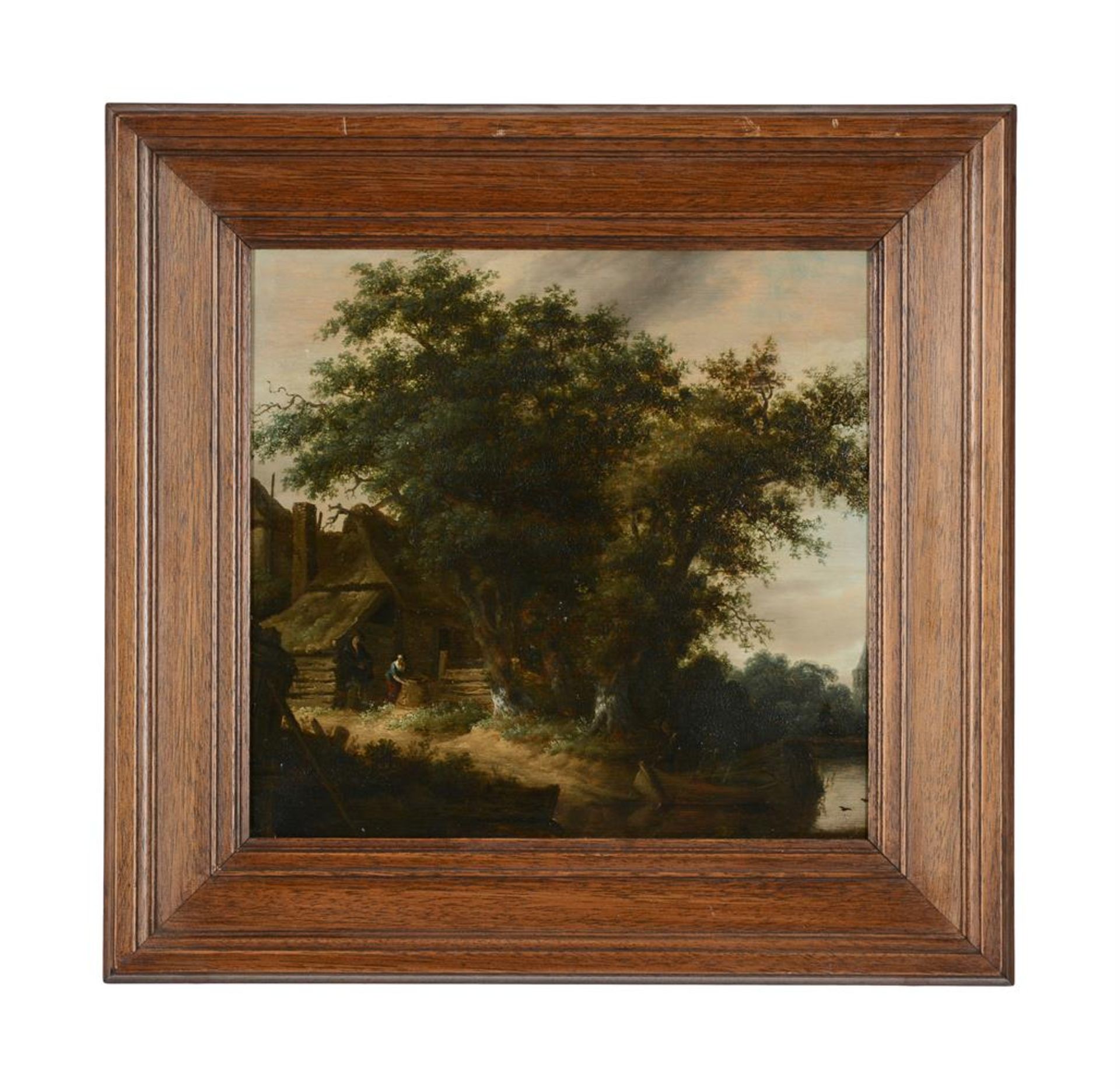 FOLLOWER OF SALOMON VAN RUYSDAEL, A WOODED RIVER LANDSCAPE WITH PEASANTS BEFORE A COTTAGE - Image 2 of 3