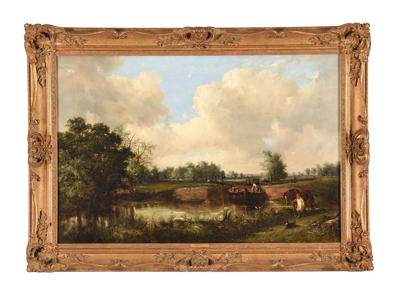 THOMAS SMYTHE (BRITISH 1825-1906), SUMMER LANDSCAPE WITH FIGURES ON A BARGE BY A LOCK - Image 2 of 3