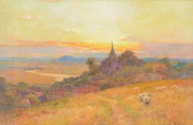 WALTER FOLLEN BISHOP (BRITISH 1856-1936), SHEEP IN A LANDSCAPE AT SUNSET