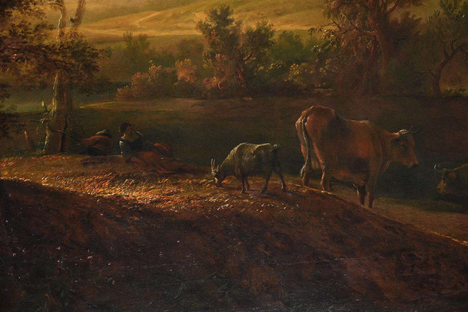 CIRCLE OF THOMAS GAINSBOROUGH (BRITISH 1727-1788), LANDSCAPE WITH CATTLE AND DROVERS AT DUSK - Image 3 of 4