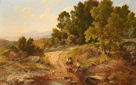 BENJAMIN WILLIAMS LEADER (BRITISH 1831-1923), FAMILY PADDLING IN A STREAM FROM THE HILLS