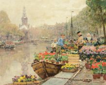 HANS HERRMANN (GERMAN 1858-1942), A FLOWER MARKET ON A DUTCH CANAL