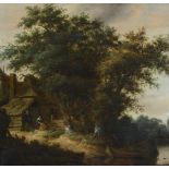 FOLLOWER OF SALOMON VAN RUYSDAEL, A WOODED RIVER LANDSCAPE WITH PEASANTS BEFORE A COTTAGE