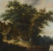 FOLLOWER OF SALOMON VAN RUYSDAEL, A WOODED RIVER LANDSCAPE WITH PEASANTS BEFORE A COTTAGE