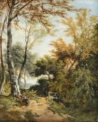 JOHN BERNEY LADBROOKE (BRITISH 1803-1879), A FIGURE WITH HIS DOG IN A WOODED RIVER LANDSCAPE