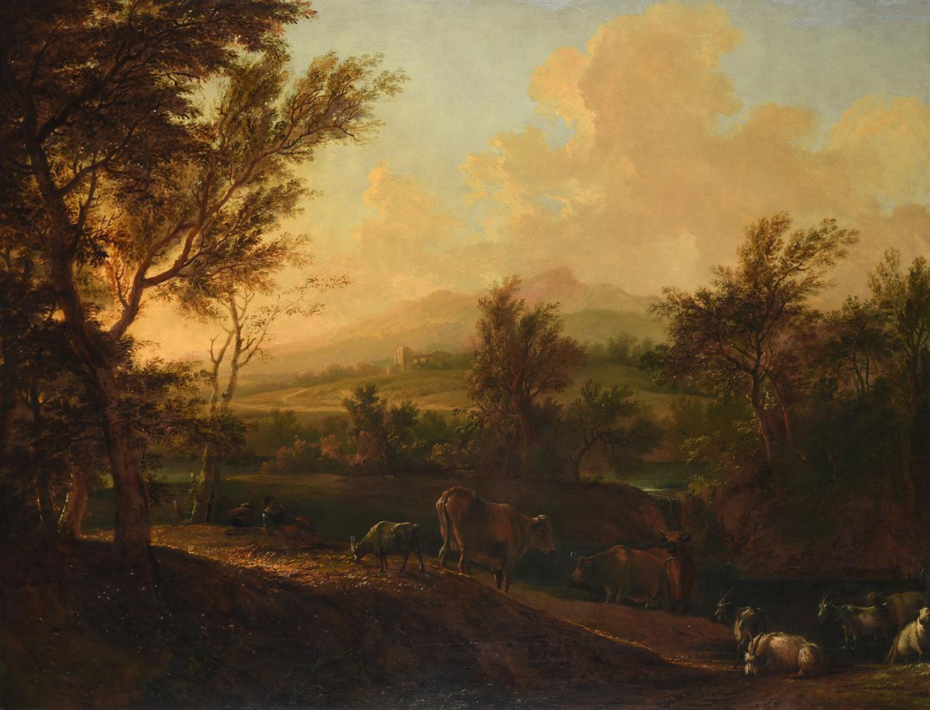 CIRCLE OF THOMAS GAINSBOROUGH (BRITISH 1727-1788), LANDSCAPE WITH CATTLE AND DROVERS AT DUSK