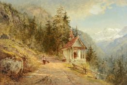 BENJAMIN WILLIAMS LEADER (BRITISH 1831-1923), ALPINE LANDSCAPE WITH TRAVELLERS BY A ROADSIDE CHAPEL