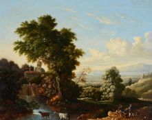 MANNER OF CLAUDE LORRAIN, A CLASSICAL LANDSCAPE WITH DROVERS AND THEIR CATTLE BY A STREAM