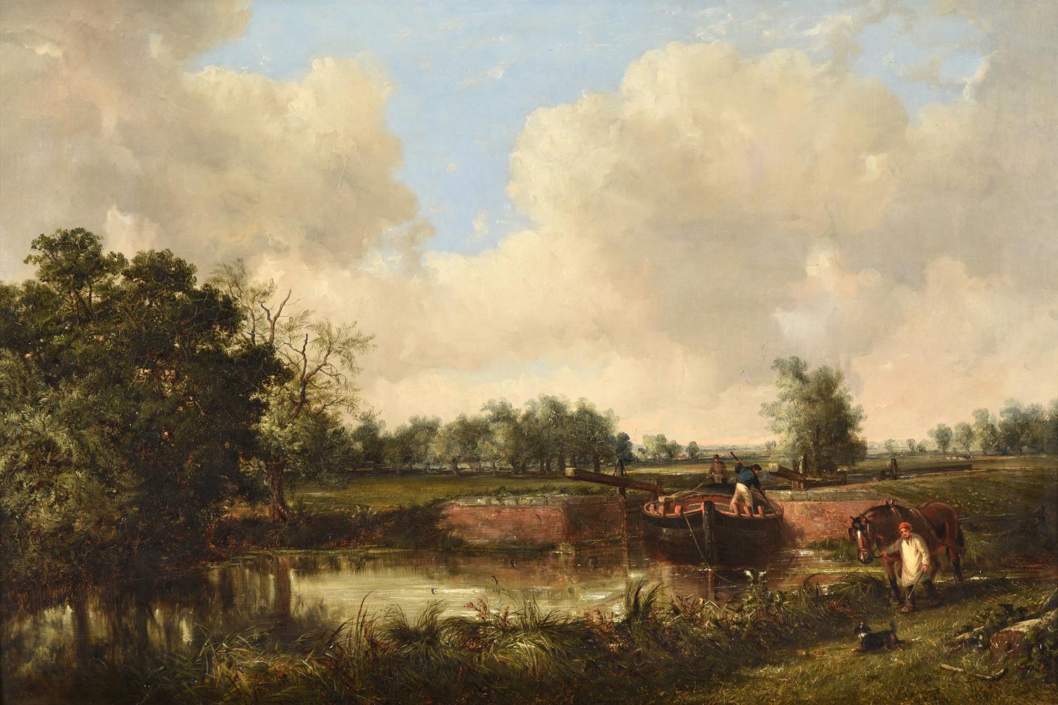 THOMAS SMYTHE (BRITISH 1825-1906), SUMMER LANDSCAPE WITH FIGURES ON A BARGE BY A LOCK
