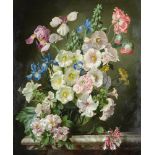 λ GERALD A COOPER (BRITISH 1898-1975), HOLLYHOCKS, IRIS AND HONEYSUCKLE