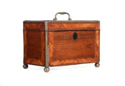 Y A GERMAN ROSEWOOD, CROSSBANDED AND BRASS MOUNTED TEA CADDY, IN THE NEUWIED MANNER, CIRCA 1785