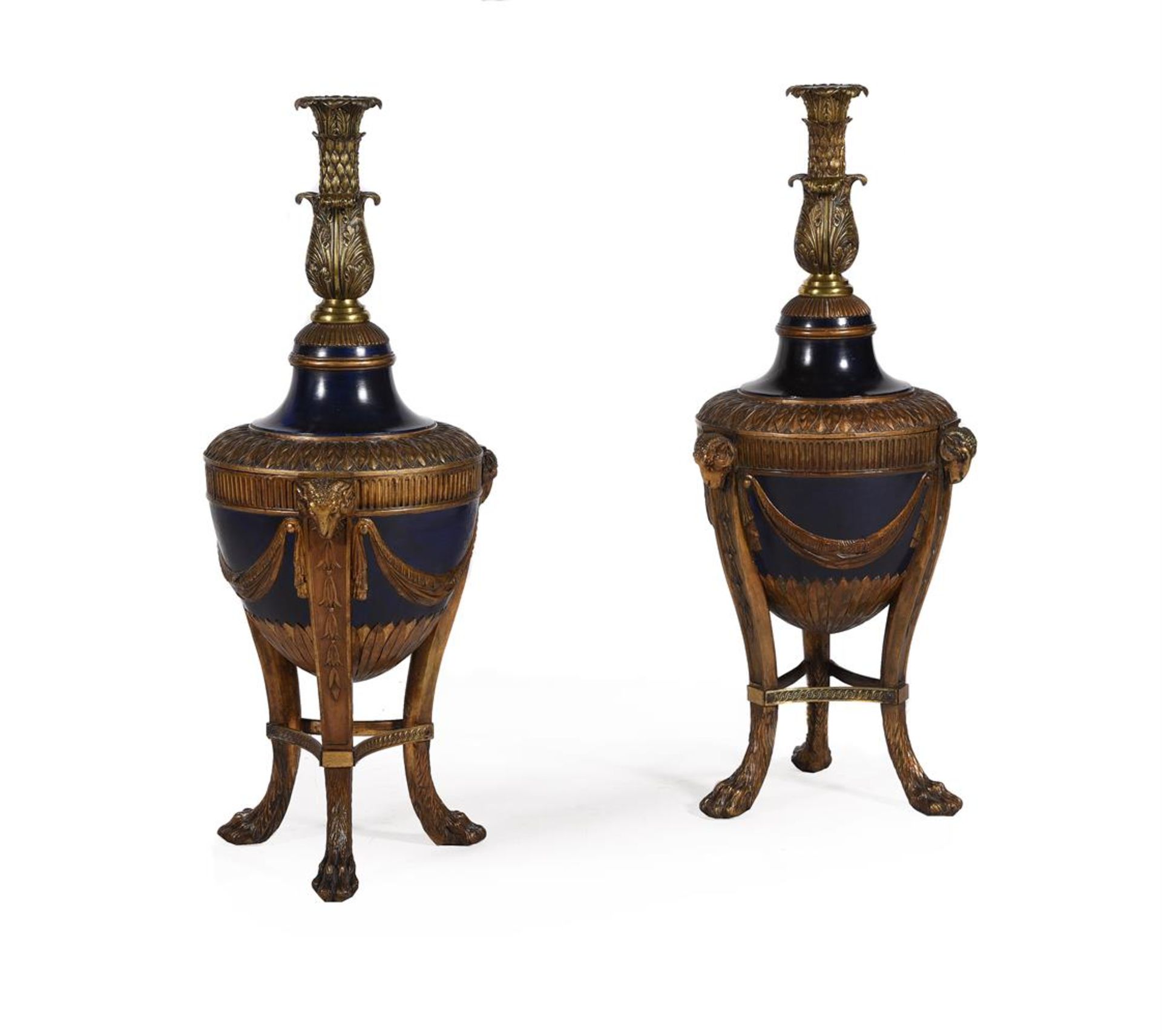 A PAIR OF CARVED GILTWOOD, PAINTED AND GILT METAL MOUNTED PEDESTAL URNS, IN GEORGE III STYLE
