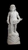 A CARVED WHITE MARBLE FIGURE OF A YOUNG GIRL GATHERING FLOWERS, EARLY 20TH CENTURY