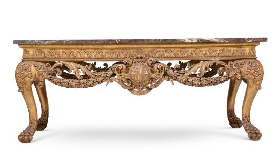 A CARVED GILTWOOD AND MARBLE TOPPED CENTRE TABLE, IN THE MANNER OF LENYGON & MORANT
