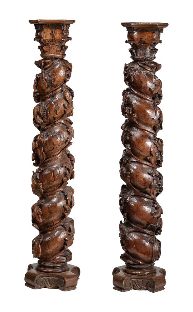 A PAIR OF CARVED WALNUT SOLOMONIC COLUMNS, 17TH CENTURY AND LATER - Image 2 of 3