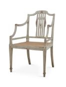A GEORGE III BEECH AND CREAM PAINTED OPEN ARMCHAIR, CIRCA 1800