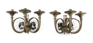 AN UNUSUAL PAIR OF FRENCH THREE LIGHT 'FRENCH HORN' WALL LIGHTS, LATE 19TH CENTURY