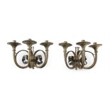 AN UNUSUAL PAIR OF FRENCH THREE LIGHT 'FRENCH HORN' WALL LIGHTS, LATE 19TH CENTURY