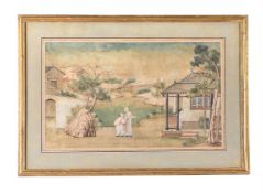 A CHINESE WATERCOLOUR OF FIGURES AND BUILDINGS, 18TH/EARLY 19TH CENTURY