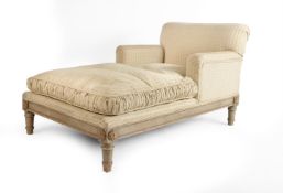 A DIMINUTIVE FRENCH PAINTED BEECH AND UPHOLSTERED DAYBED, IN LOUIS XVI STYLE