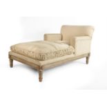 A DIMINUTIVE FRENCH PAINTED BEECH AND UPHOLSTERED DAYBED, IN LOUIS XVI STYLE